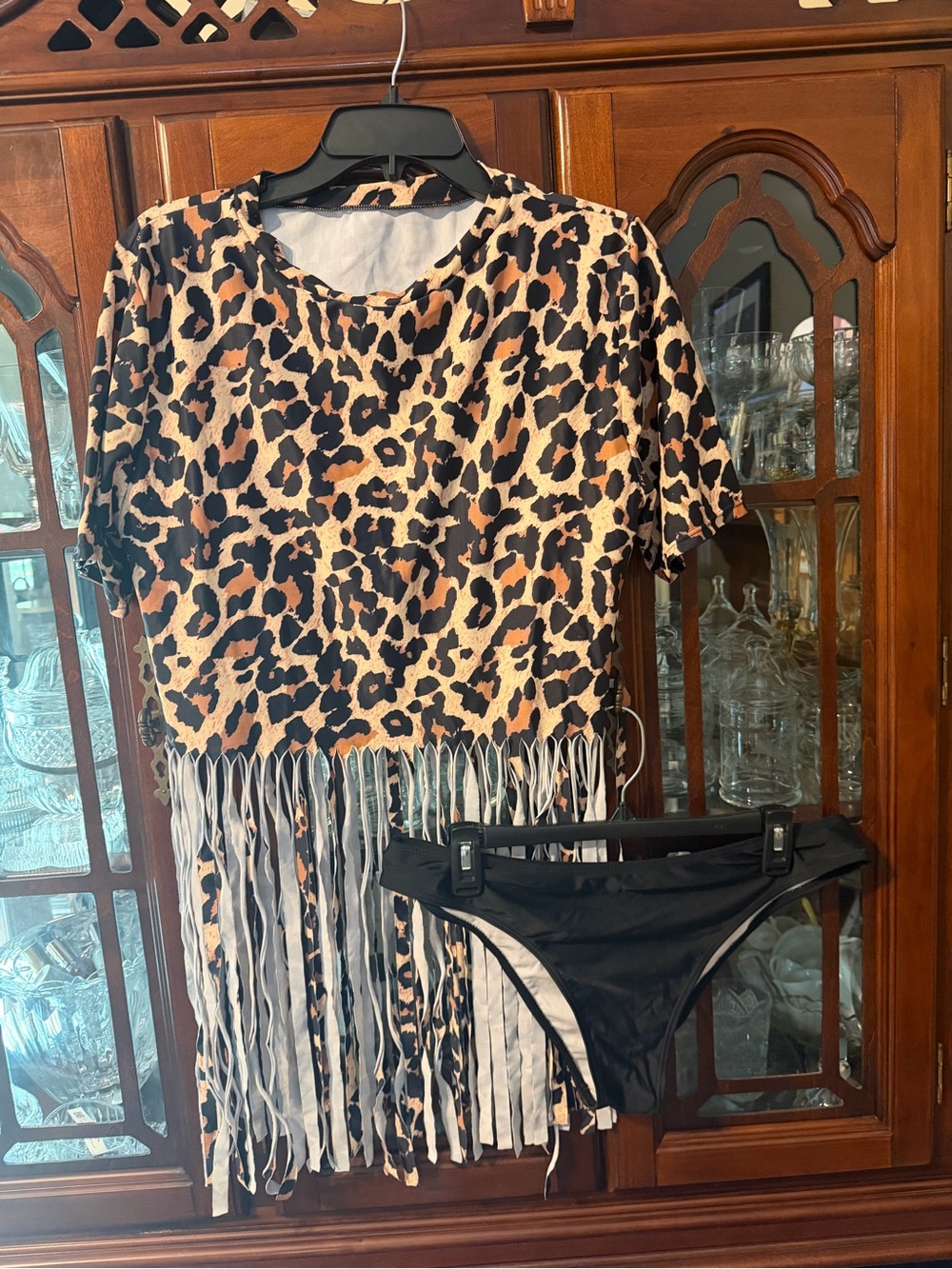 SHEIN Curve Leopard Print Fringe Swimsuit and Black Bikini Bottoms Size 1XL